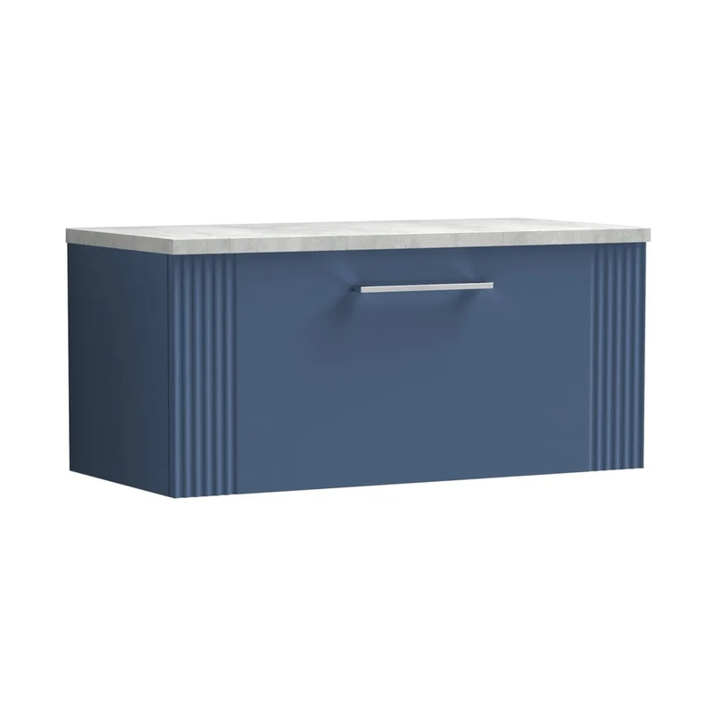 Nuie Deco 800mm Wall Hung Single Drawer Vanity & Laminate Top Contemporary Satin Blue MFC Painted Gloss 381x805x390mm - DPF396LBG