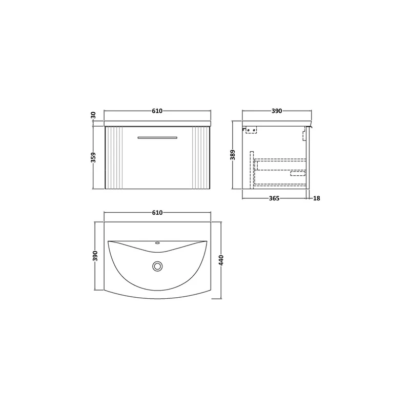 Nuie Deco 600mm Wall Hung Single Drawer Vanity & Basin 4 Contemporary Satin Grey MFC Painted Gloss 389x610x440mm