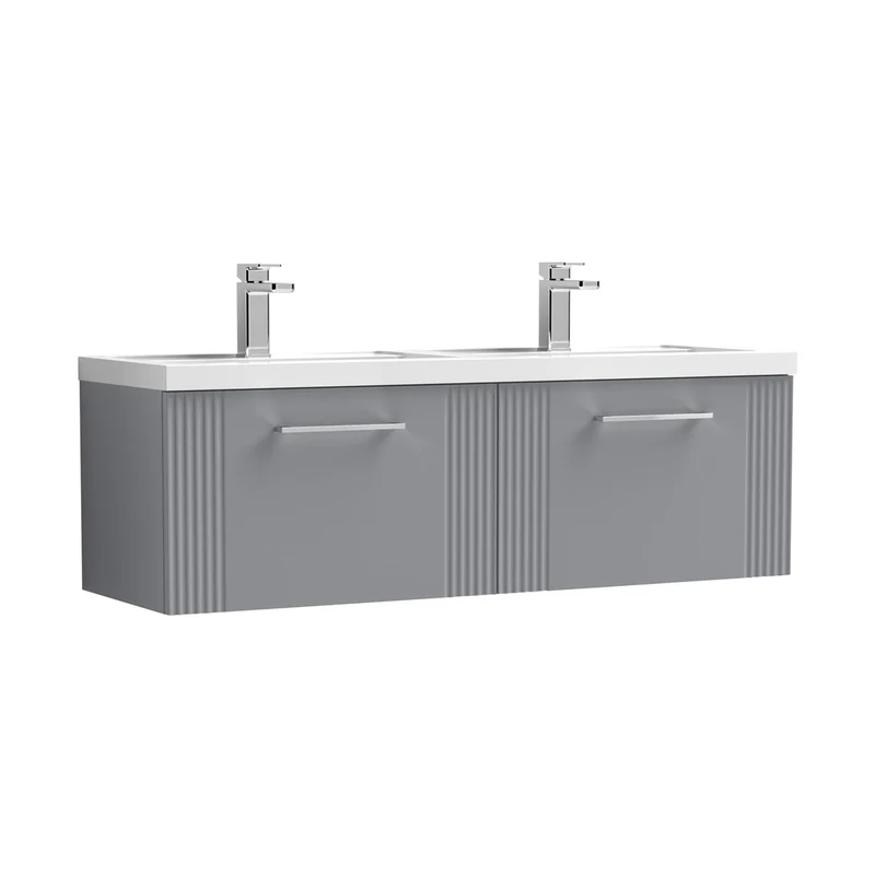 Nuie Deco 1200mm Wall Hung 2 Drawer Vanity & Double Basin Contemporary Satin Grey MFC Painted Gloss 399x1205x390mm - DPF294C