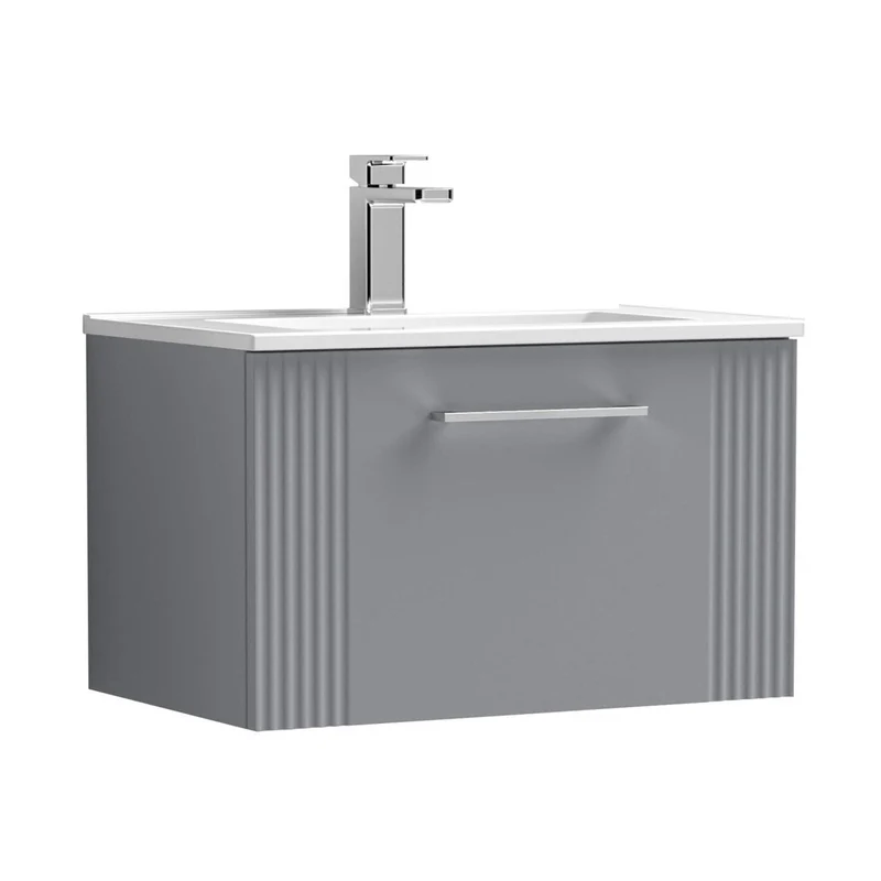 Nuie Deco 600mm Wall Hung Single Drawer Vanity & Basin 2 Contemporary Satin Grey MFC Painted Gloss 377x605x395mm