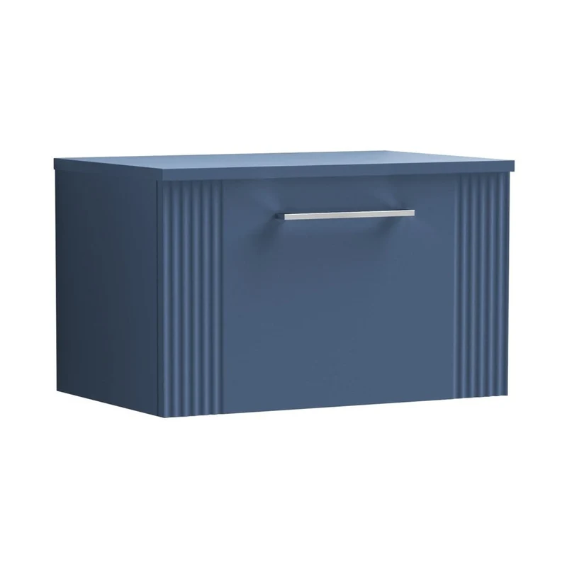 Nuie Deco 600mm Wall Hung Single Drawer Vanity & Worktop Contemporary Satin Blue MFC Painted Gloss 377x605x390mm