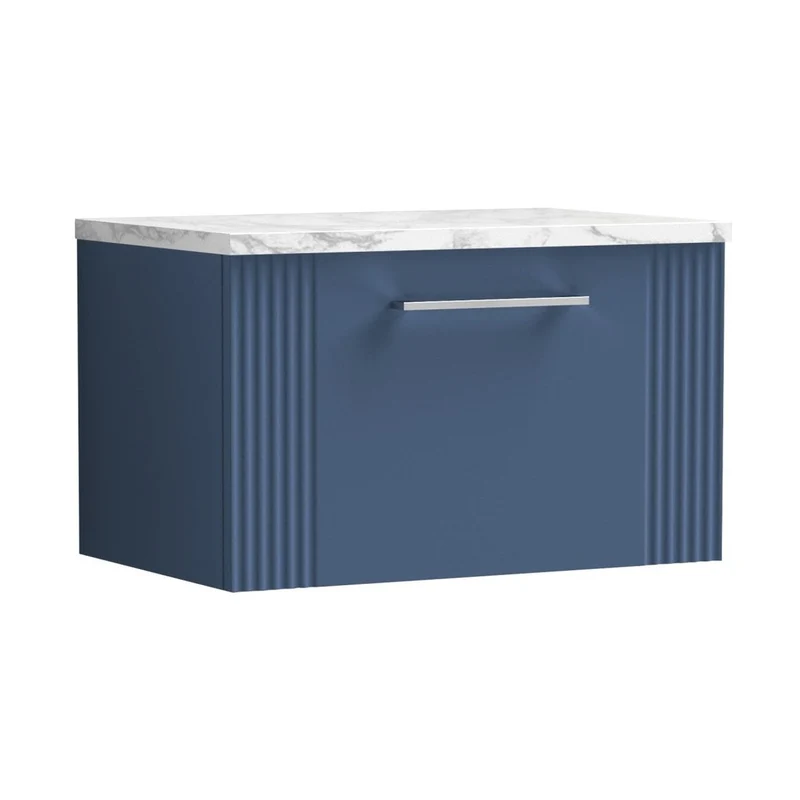 Nuie Deco 600 Wall Hung Single Drawer Vanity & Laminate Worktop Contemporary Satin Blue MFC Painted Gloss 381x605x390mm