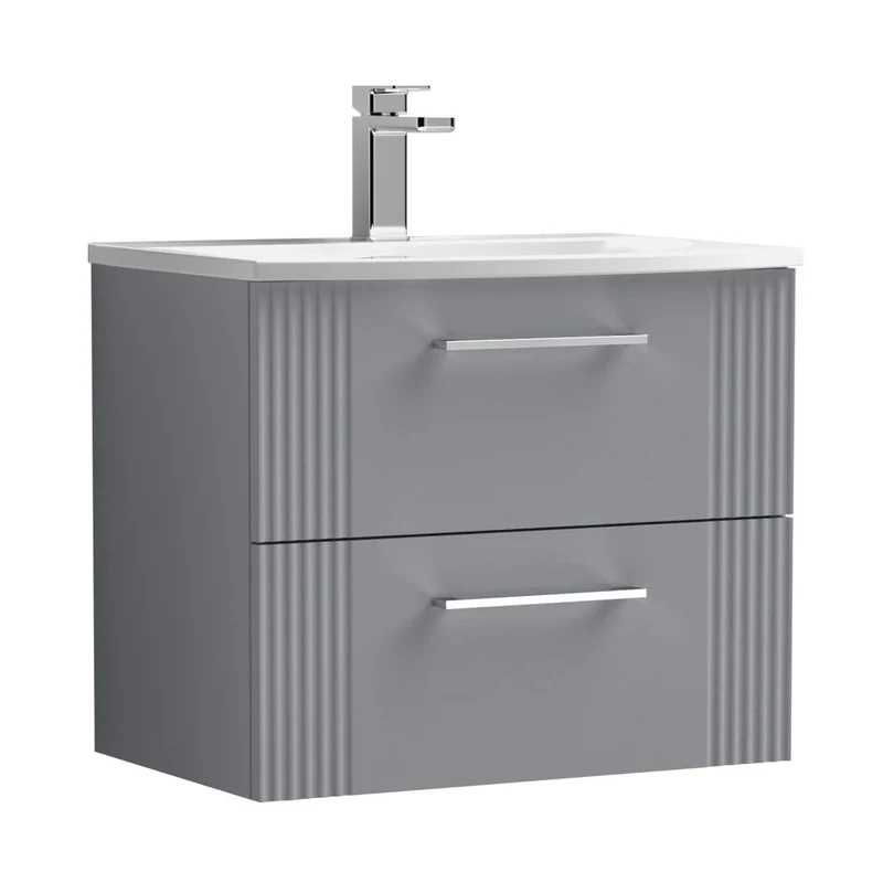 Nuie Deco 600mm Wall Hung 2 Drawer Vanity & Basin 4 Contemporary Satin Grey MFC Painted Gloss 530x610x440mm