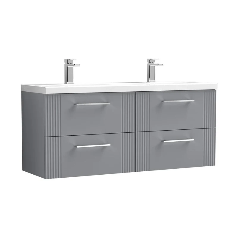 Nuie Deco 1200mm Wall Hung 4 Drawer Vanity & Double Basin Contemporary Satin Grey MFC Painted Gloss 540x1205x390mm - DPF293F