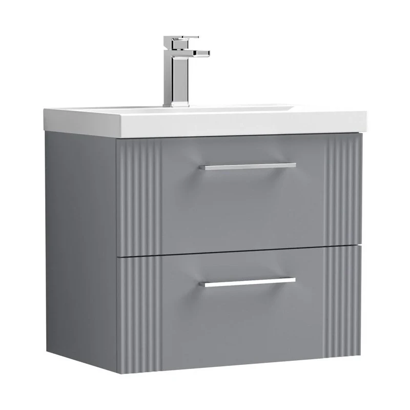 Nuie Deco 600mm Wall Hung 2 Drawer Vanity & Basin 3 Contemporary Satin Grey MFC Painted Gloss 550x610x395mm