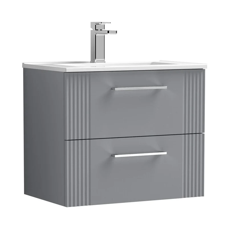 Nuie Deco 600mm Wall Hung 2 Drawer Vanity & Basin 2 Contemporary Satin Grey MFC Painted Gloss 518x605x395mm