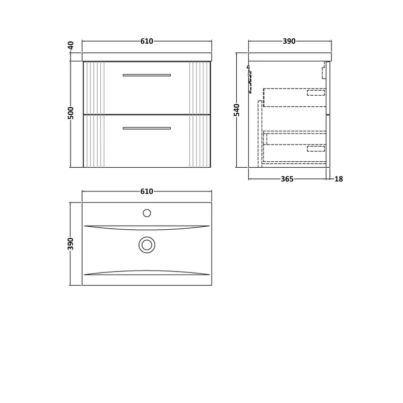 Nuie Deco 600mm Wall Hung 2 Drawer Vanity & Basin 1 Contemporary Satin Grey MFC Painted Gloss 540x610x390mm