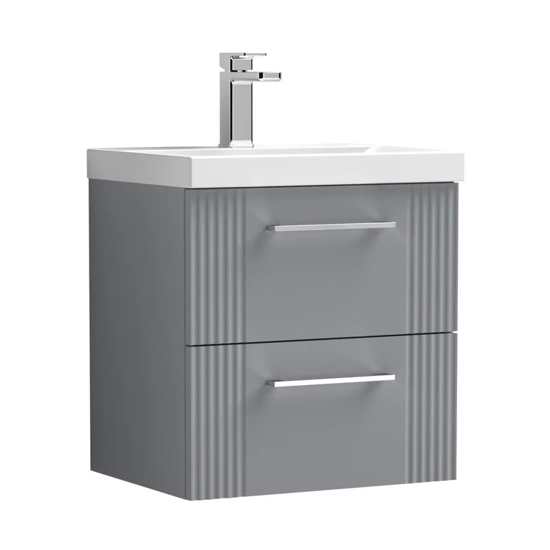 Nuie Deco 500mm Wall Hung 2 Drawer Vanity & Basin 3 Contemporary Satin Grey MFC Painted Gloss 550x510x395mm