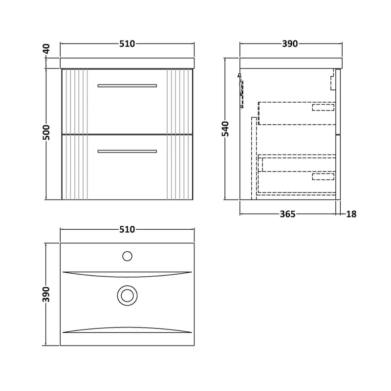 Nuie Deco 500mm Wall Hung 2 Drawer Vanity & Basin 1 Contemporary Satin Grey MFC Painted Gloss 540x510x390mm