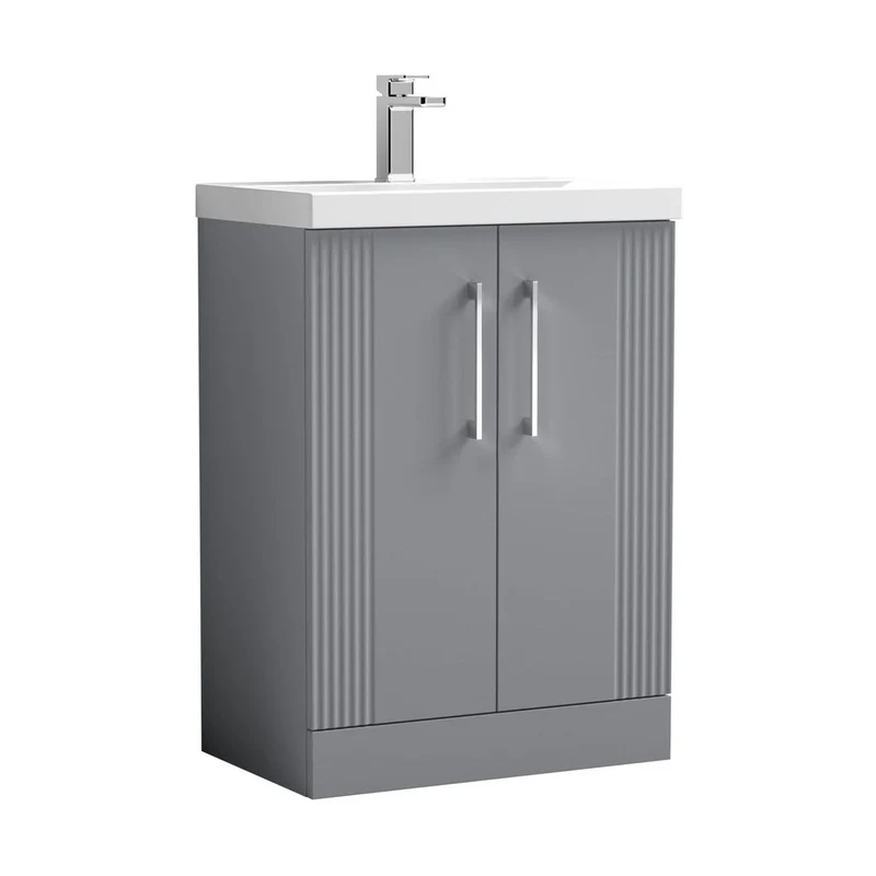 Nuie Deco 600mm Floor Standing 2 Door Vanity & Basin 3 Contemporary Satin Grey MFC Painted Gloss 860x610x395mm