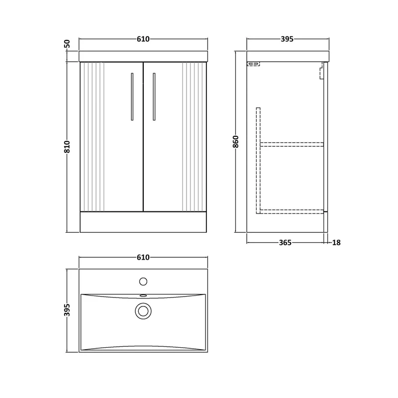Nuie Deco 600mm Floor Standing 2 Door Vanity & Basin 3 Contemporary Satin Grey MFC Painted Gloss 860x610x395mm