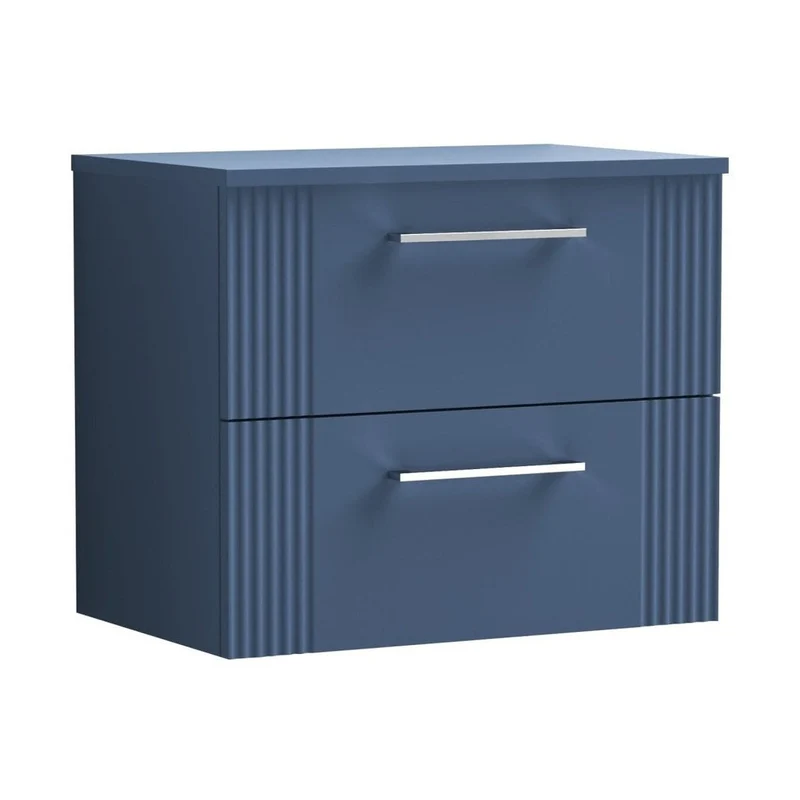 Nuie Deco 600mm Wall Hung 2 Drawer Vanity & Worktop Contemporary Satin Blue MFC Painted Gloss 518x605x390mm