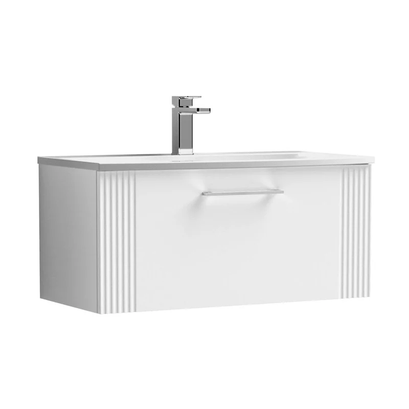 Nuie Deco 800mm Wall Hung Single Drawer Vanity & Basin 4 Contemporary Satin White MFC Painted Gloss 389x810x440mm