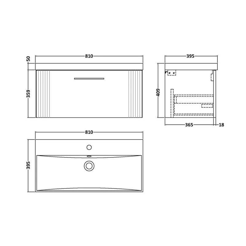 Nuie Deco 800mm Wall Hung Single Drawer Vanity & Basin 3 Contemporary Satin White MFC Painted Gloss 409x810x395mm