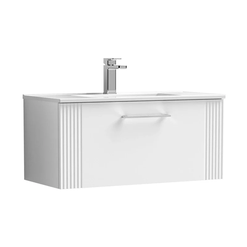 Nuie Deco 800mm Wall Hung Single Drawer Vanity & Basin 2 Contemporary Satin White MFC Painted Gloss 377x805x395mm