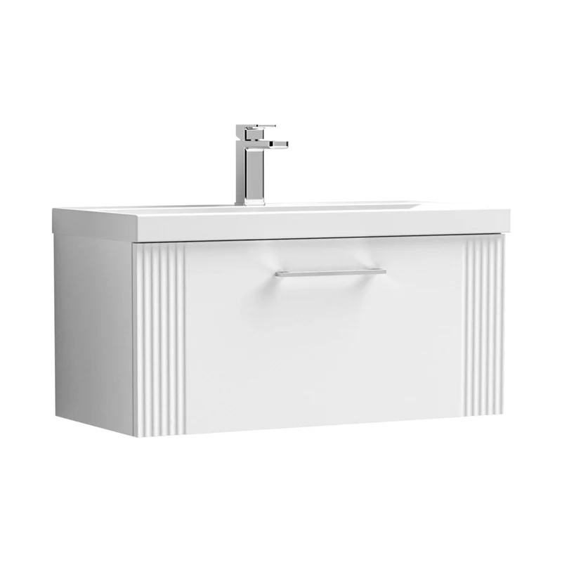 Nuie Deco 800mm Wall Hung Single Drawer Vanity & Basin 1 Contemporary Satin White MFC Painted Gloss 399x810x390mm