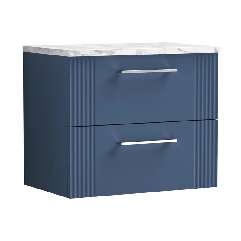 Nuie Deco 600 Wall Hung 2-drawer Vanity & Laminate Worktop Contemporary Satin Blue MFC Painted Gloss 522x605x390mm