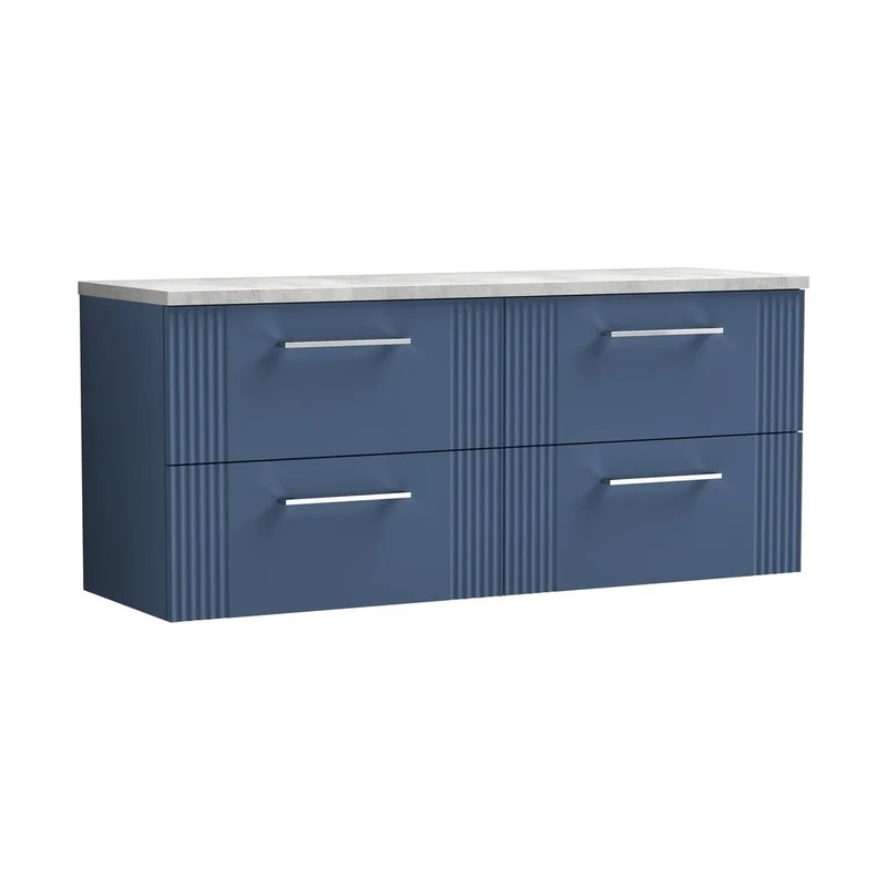 Nuie Deco 1200 Wall Hung 4-drawer Vanity & Laminate Worktop Contemporary Satin Blue MFC Painted Gloss 545x1215x455mm - DPF393LBG2