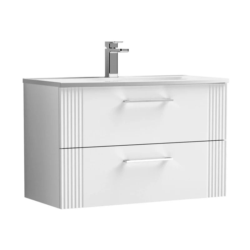 Nuie Deco 800mm Wall Hung 2 Drawer Vanity & Basin 4 Contemporary Satin White MFC Painted Gloss 530x810x440mm