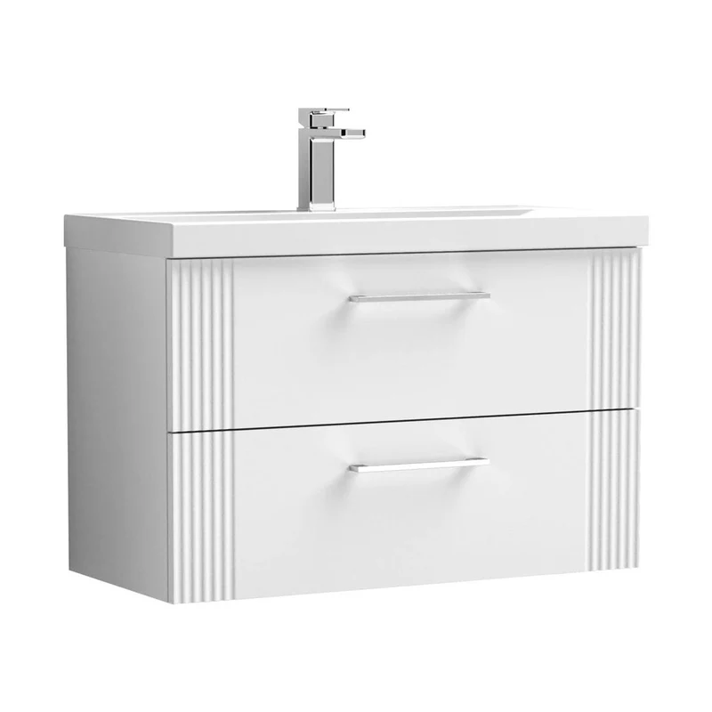 Nuie Deco 800mm Wall Hung 2 Drawer Vanity & Basin 3 Contemporary Satin White MFC Painted Gloss 550x810x395mm