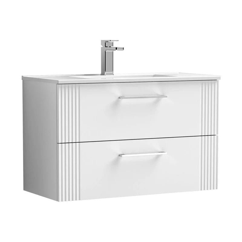 Nuie Deco 800mm Wall Hung 2 Drawer Vanity & Basin 2 Contemporary Satin White MFC Painted Gloss 518x805x395mm