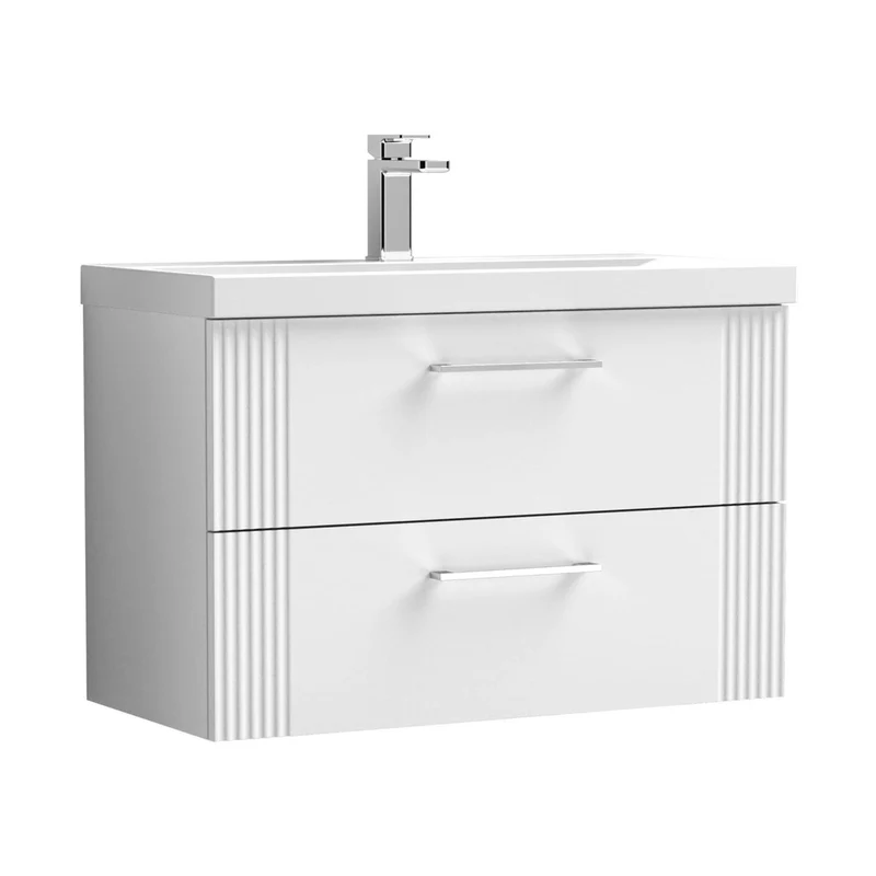 Nuie Deco 800mm Wall Hung 2 Drawer Vanity & Basin 1 Contemporary Satin White MFC Painted Gloss 540x810x390mm