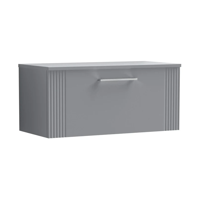Nuie Deco 800mm Wall Hung Single Drawer Vanity & Worktop Contemporary Satin Grey MFC Painted Gloss 377x810x390mm