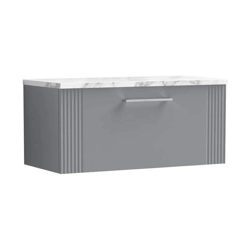 Nuie Deco 800 Wall Hung Single Drawer Vanity & Laminate Worktop Contemporary Satin Grey MFC Painted Gloss 381x805x390mm