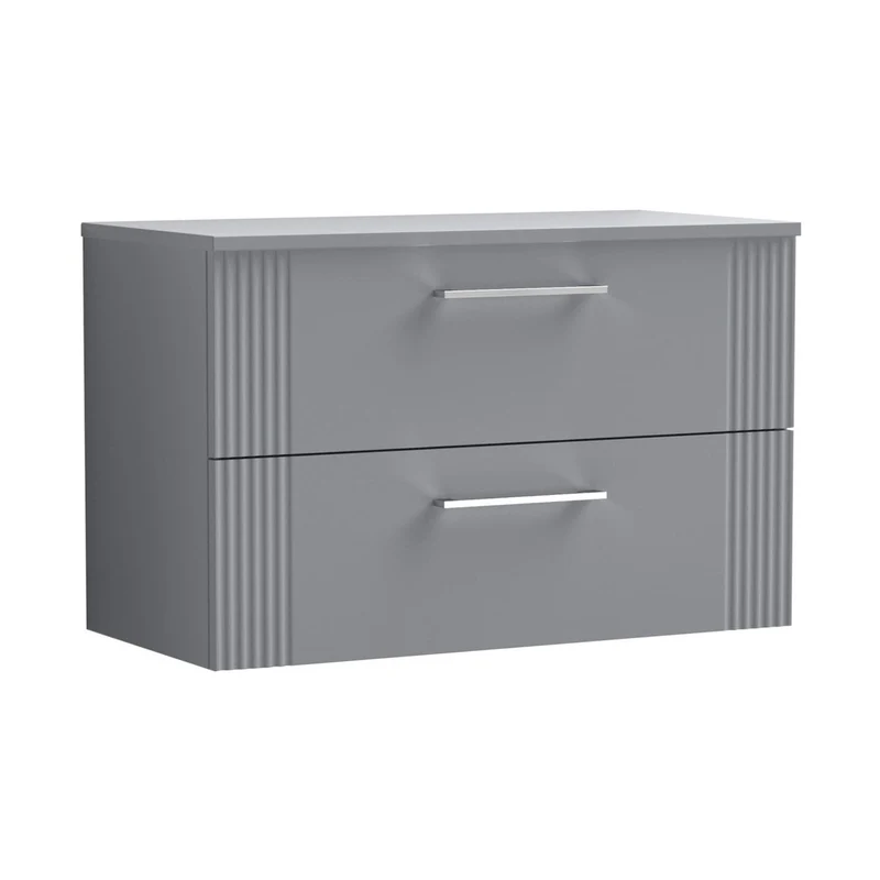 Nuie Deco 800mm Wall Hung 2 Drawer Vanity & Worktop Contemporary Satin Grey MFC Painted Gloss 518x810x390mm