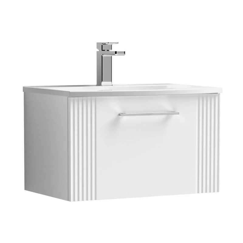 Nuie Deco 600mm Wall Hung Single Drawer Vanity & Basin 4 Contemporary Satin White MFC Painted Gloss 389x610x440mm