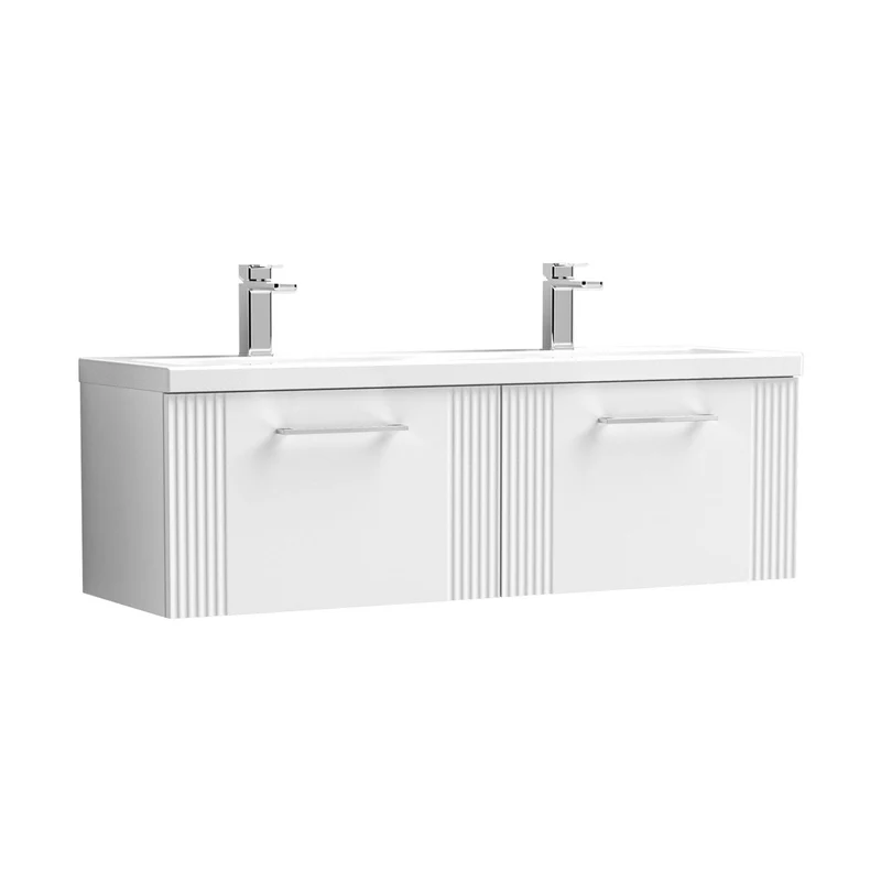 Nuie Deco 1200mm Wall Hung 2 Drawer Vanity & Double Basin Contemporary Satin White MFC Painted Gloss 399x1205x390mm - DPF194F