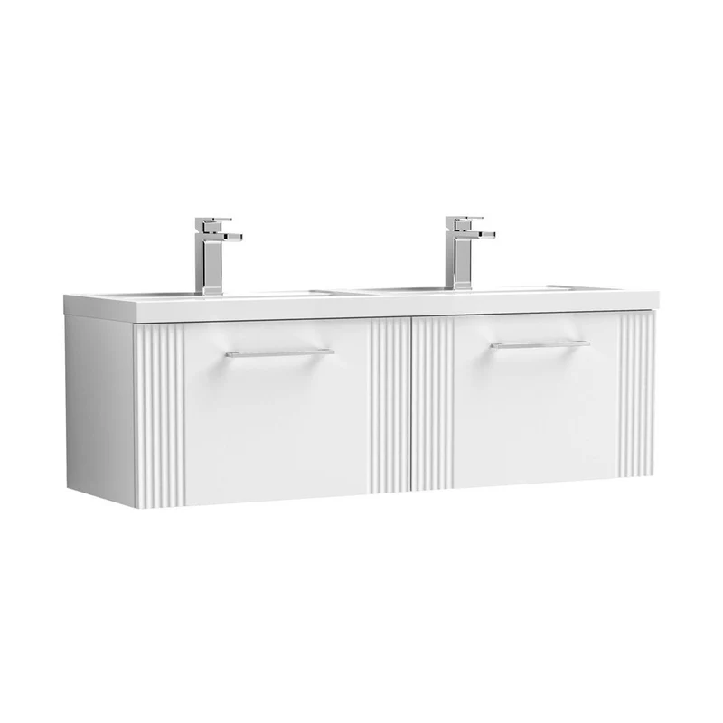 Nuie Deco 1200mm Wall Hung 2 Drawer Vanity & Double Basin Contemporary Satin White MFC Painted Gloss 399x1205x390mm - DPF194C
