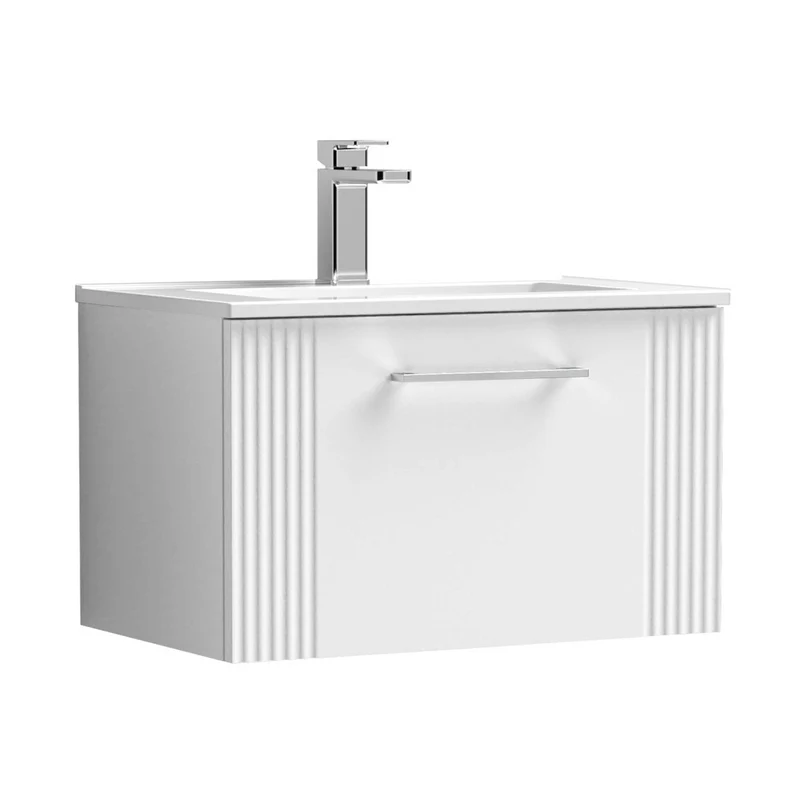Nuie Deco 600mm Wall Hung Single Drawer Vanity & Basin 2 Contemporary Satin White MFC Painted Gloss 377x605x395mm