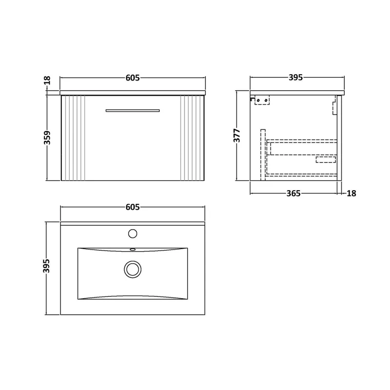 Nuie Deco 600mm Wall Hung Single Drawer Vanity & Basin 2 Contemporary Satin White MFC Painted Gloss 377x605x395mm