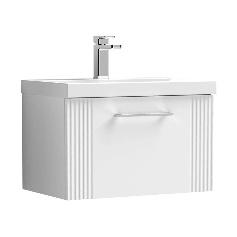 Nuie Deco 600mm Wall Hung Single Drawer Vanity & Basin 1 Contemporary Satin White MFC Painted Gloss 399x610x390mm