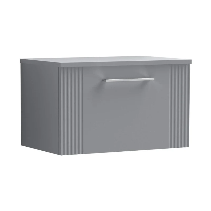 Nuie Deco 600mm Wall Hung Single Drawer Vanity & Worktop Contemporary Satin Grey MFC Painted Gloss 377x605x390mm