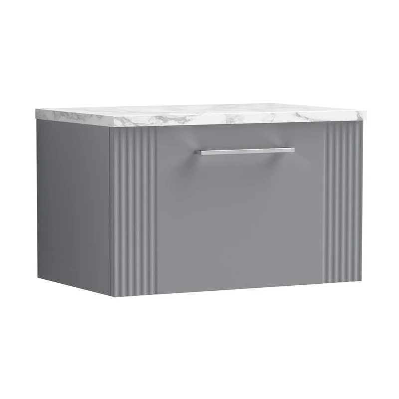 Nuie Deco 600 Wall Hung Single Drawer Vanity & Laminate Worktop Contemporary Satin Grey MFC Painted Gloss 381x605x390mm
