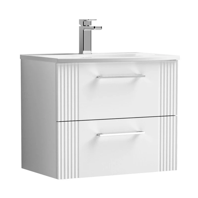 Nuie Deco 600mm Wall Hung 2 Drawer Vanity & Basin 4 Contemporary Satin White MFC Painted Gloss 530x610x440mm