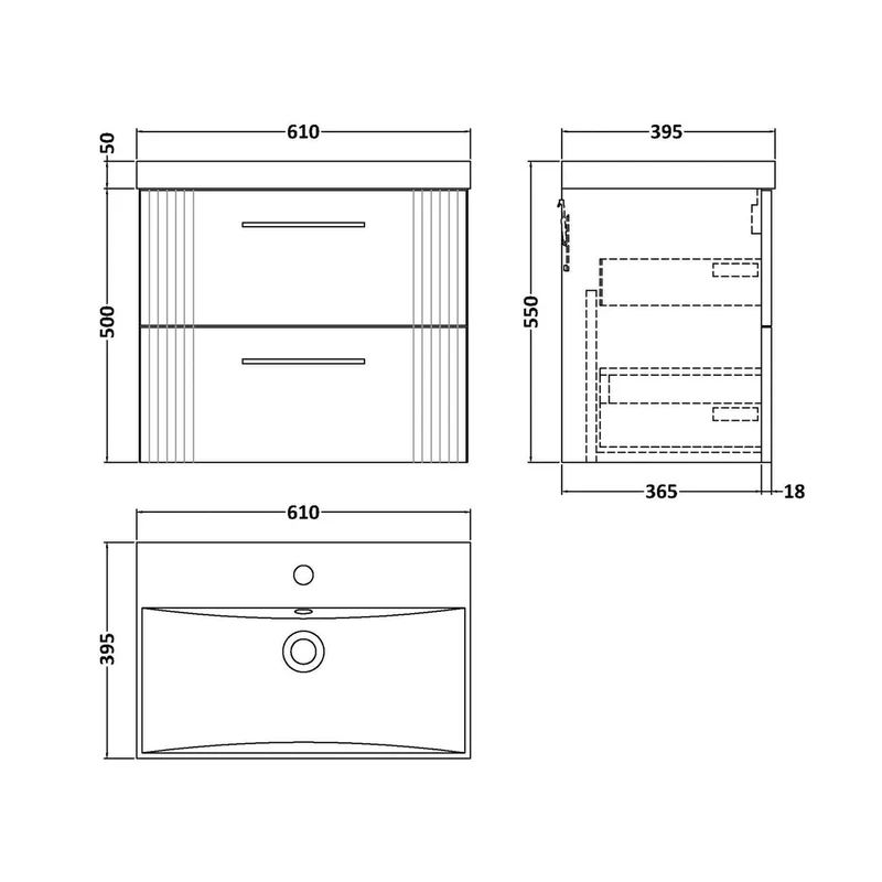 Nuie Deco 600mm Wall Hung 2 Drawer Vanity & Basin 3 Contemporary Satin White MFC Painted Gloss 550x610x395mm