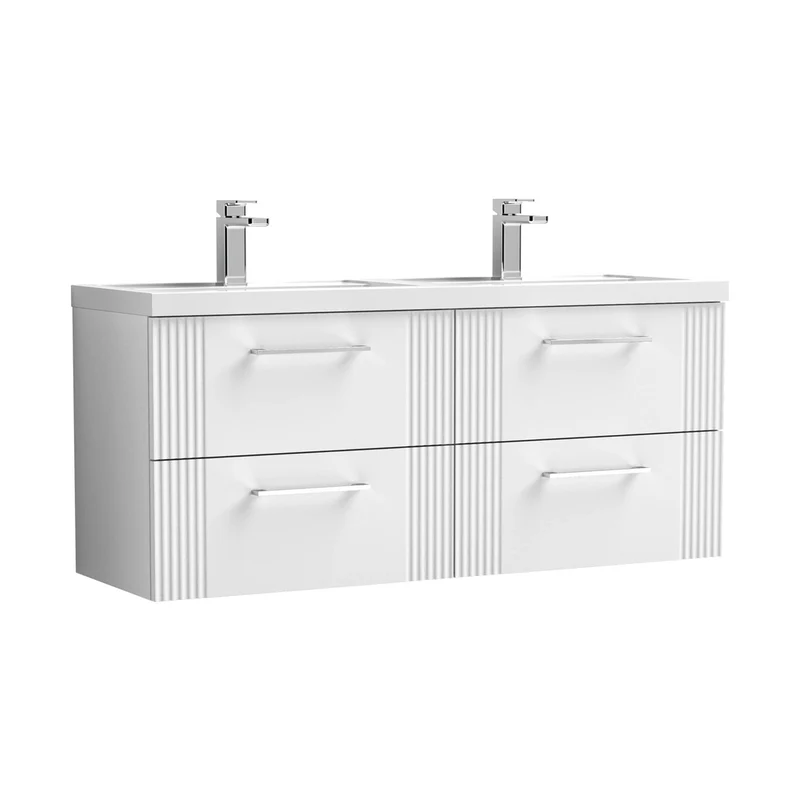Nuie Deco 1200mm Wall Hung 4 Drawer Vanity & Double Basin Contemporary Satin White MFC Painted Gloss 540x1205x390mm - DPF193C