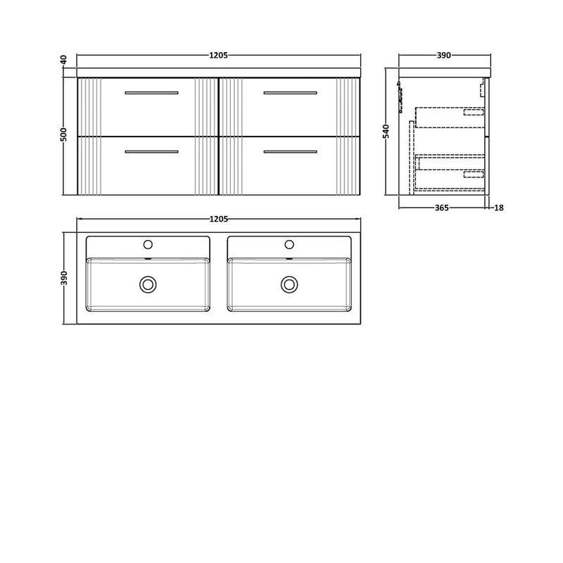 Nuie Deco 1200mm Wall Hung 4 Drawer Vanity & Double Basin Contemporary Satin White MFC Painted Gloss 540x1205x390mm - DPF193C