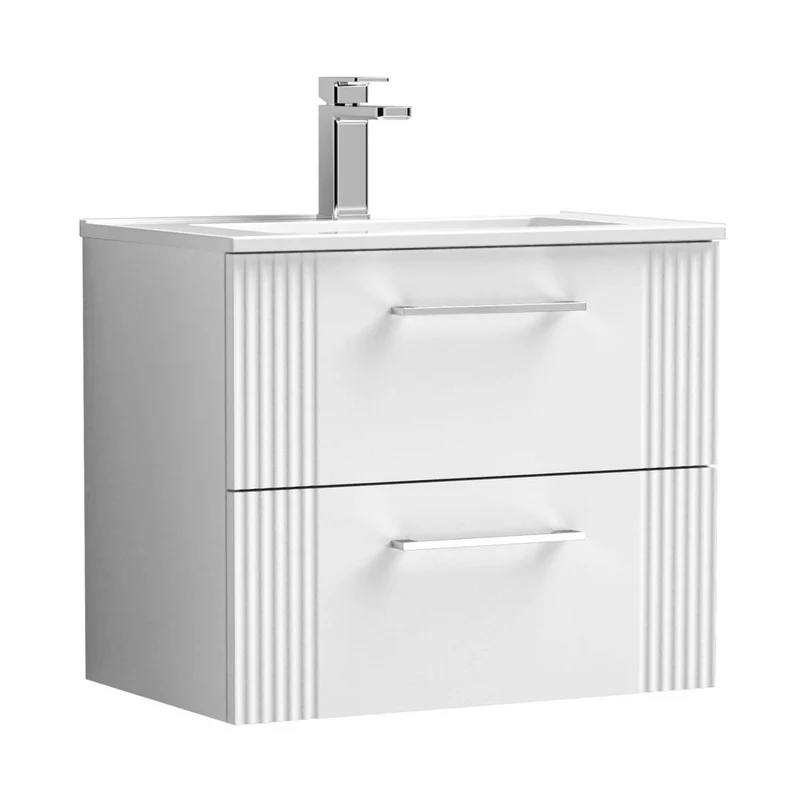 Nuie Deco 600mm Wall Hung 2 Drawer Vanity & Basin 2 Contemporary Satin White MFC Painted Gloss 518x605x395mm