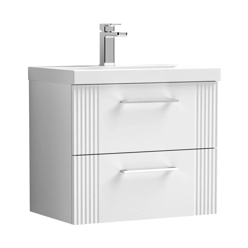 Nuie Deco 600mm Wall Hung 2 Drawer Vanity & Basin 1 Contemporary Satin White MFC Painted Gloss 540x610x390mm