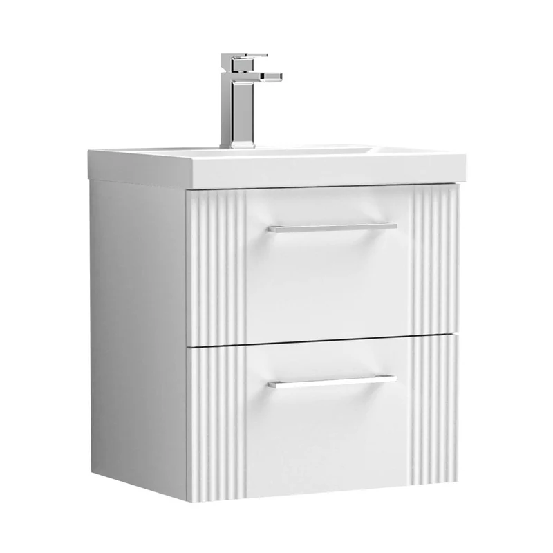 Nuie Deco 500mm Wall Hung 2 Drawer Vanity & Basin 3 Contemporary Satin White MFC Painted Gloss 550x510x395mm