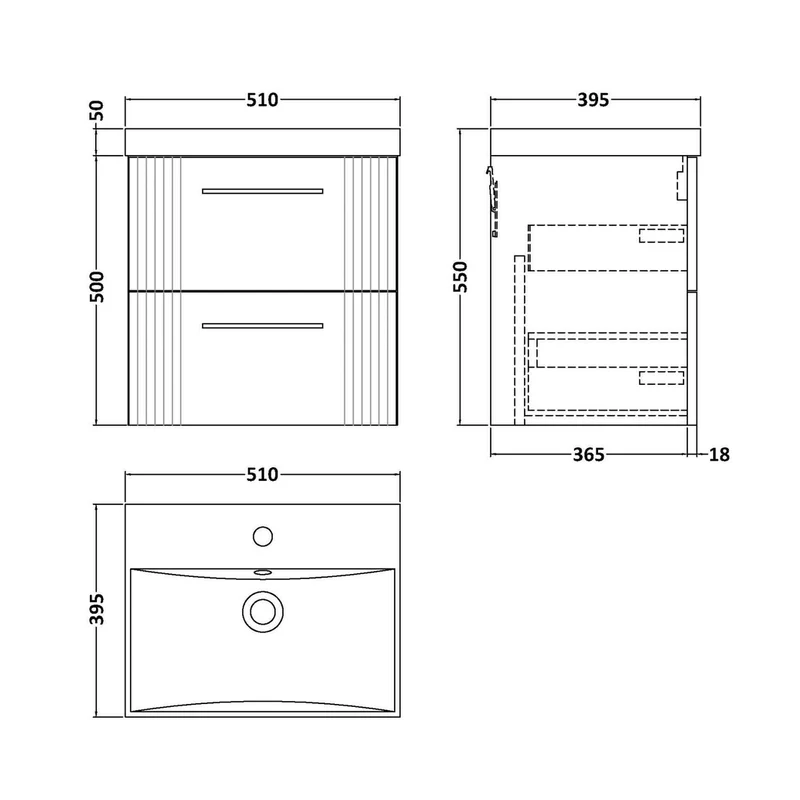 Nuie Deco 500mm Wall Hung 2 Drawer Vanity & Basin 3 Contemporary Satin White MFC Painted Gloss 550x510x395mm
