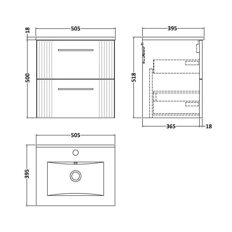 Nuie Deco 500mm Wall Hung 2 Drawer Vanity & Basin 2 Contemporary Satin White MFC Painted Gloss 518x505x395mm