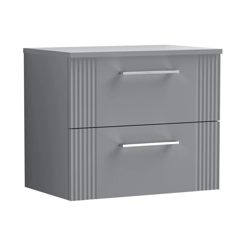 Nuie Deco 600mm Wall Hung 2 Drawer Vanity & Worktop Contemporary Satin Grey MFC Painted Gloss 518x605x390mm