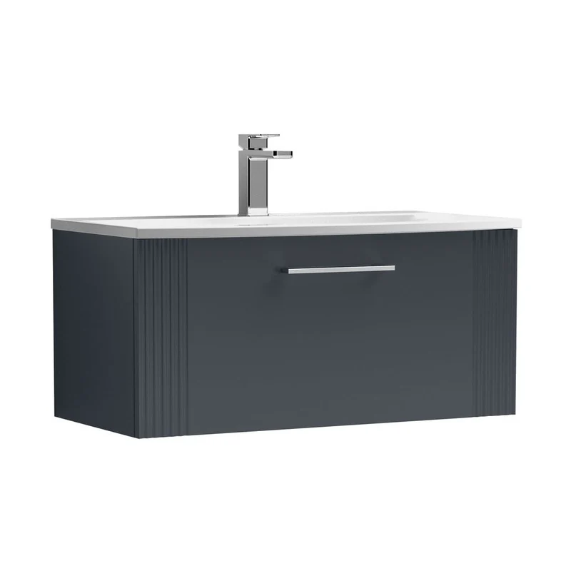 Nuie Deco 800mm Wall Hung Single Drawer Vanity & Basin 4 Contemporary Soft Black MFC Painted Gloss 389x810x440mm