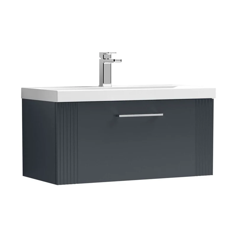 Nuie Deco 800mm Wall Hung Single Drawer Vanity & Basin 3 Contemporary Soft Black MFC Painted Gloss 409x810x395mm