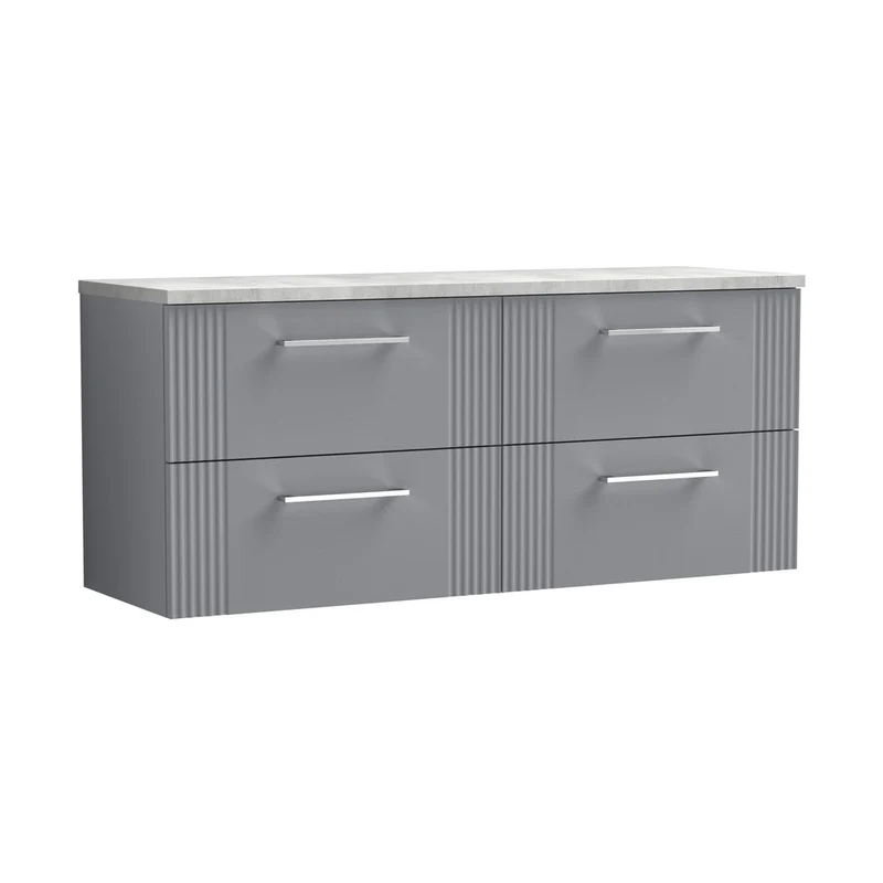 Nuie Deco 1200 Wall Hung 4-drawer Vanity & Laminate Worktop Contemporary Satin Grey MFC Painted Gloss 545x1215x455mm - DPF293LBG2